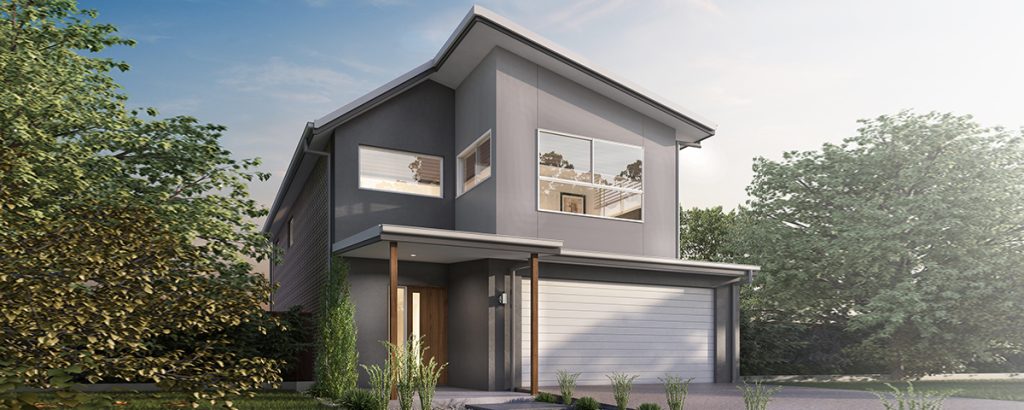 Modern two-story home with a gray exterior, large windows, and a single-car garage nestled among green trees.