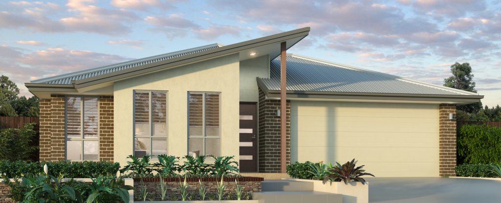 Modern single-story house with brick facade and landscaped garden at dusk.