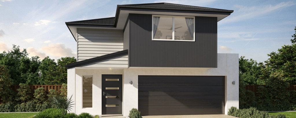 Modern two-story house with a dark garage door and a blend of gray siding.