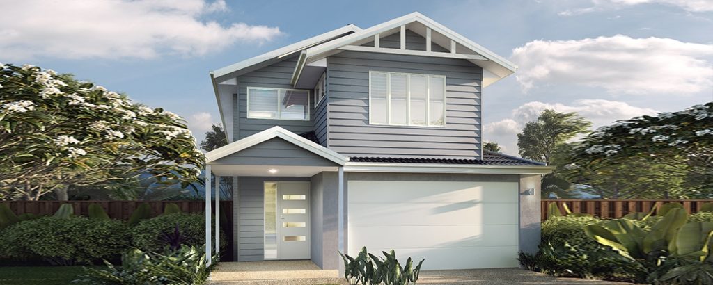 Modern two-story house with a gray exterior and attached garage, surrounded by greenery.