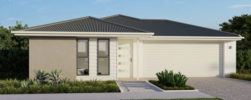 Modern single-story house with a double garage and landscaped front yard.