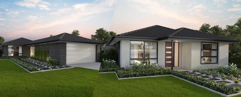 Modern suburban home at dusk with landscaped garden and garage.