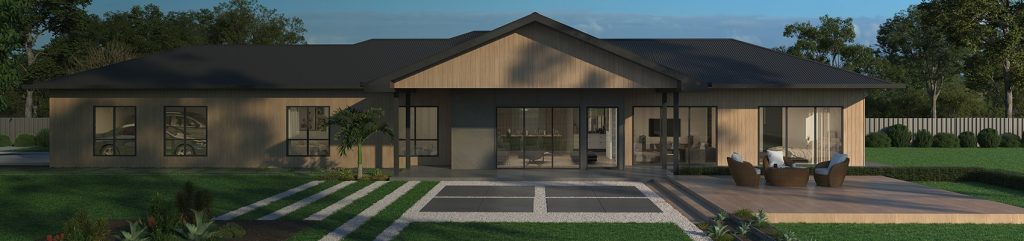 Modern single-story house with large windows and a patio area during twilight.