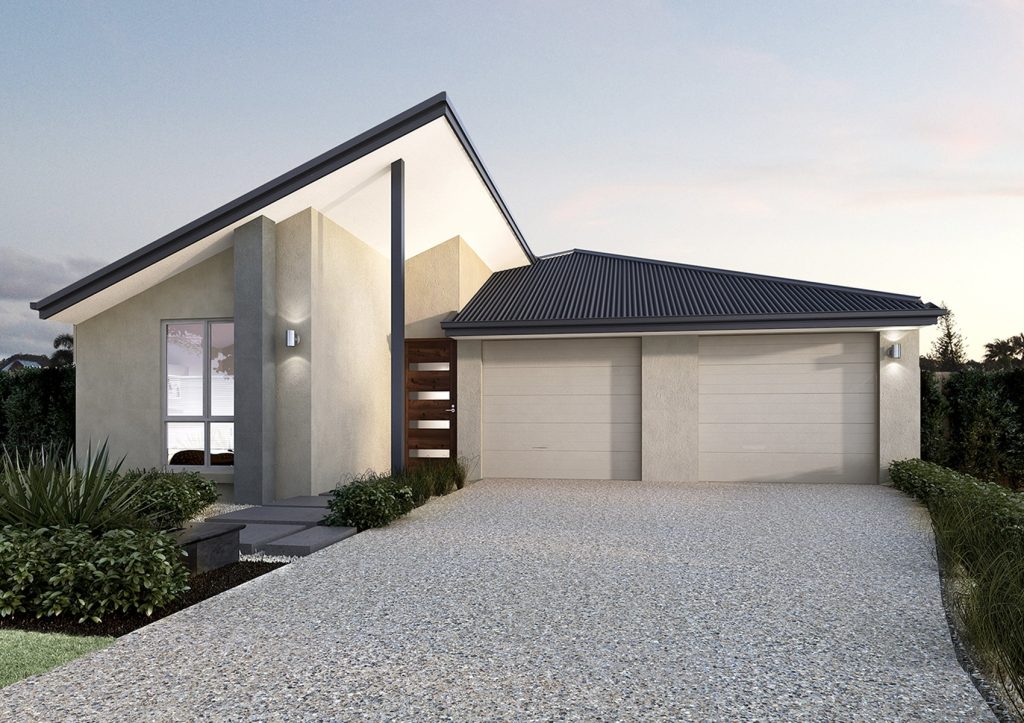 Modern single-story house with attached double garage at dusk.