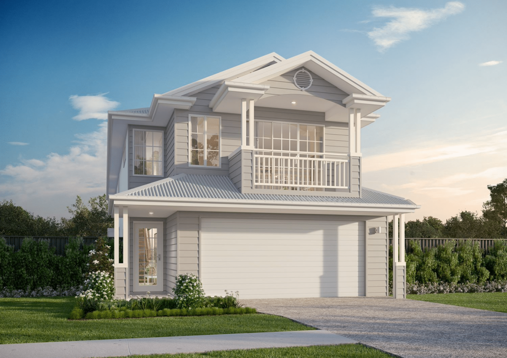 New two-story house with a garage at dusk.
